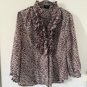 Spense Women's Ruffle Leopard Print Blouse in Cream and Brown/Purple